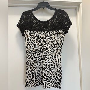 White House Black Market Black and White Lace Leopard Print Top
